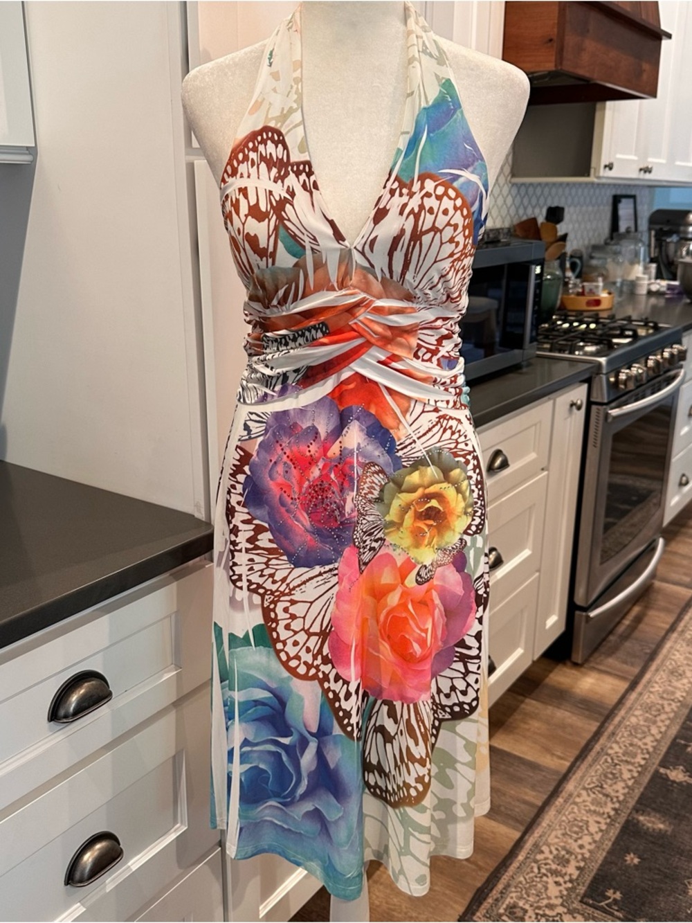 Vintage 90s Y2K Floral Butterfly Halter Babydoll Dress S Fairy Glitter Britney